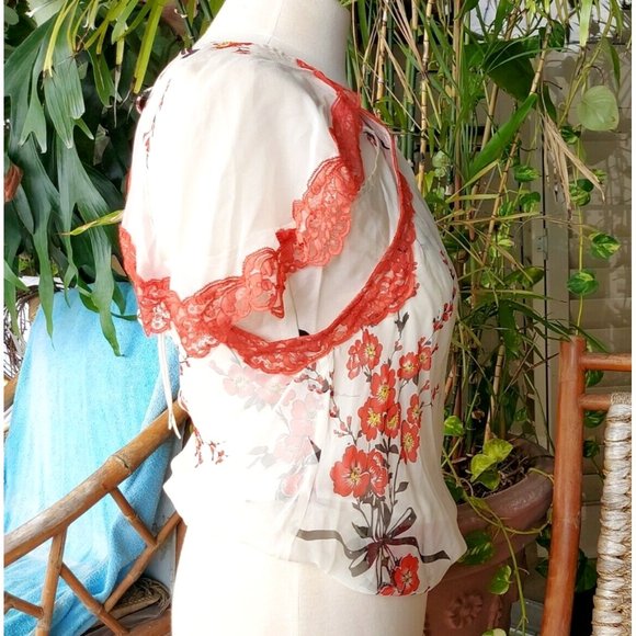 Vintage Tracy Reese 100% Silk Top Orange Flowers and Lace sz 8. New w/Tag - Picture 4 of 11